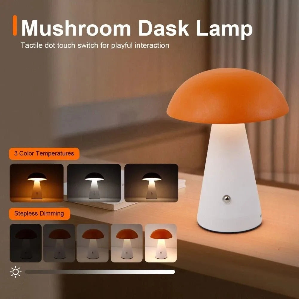 Touch-Activated Mushroom Lamp USB Rechargeable 3 Color LED Table Lamp Dimmable Extended Illumination Dimmable Light Office