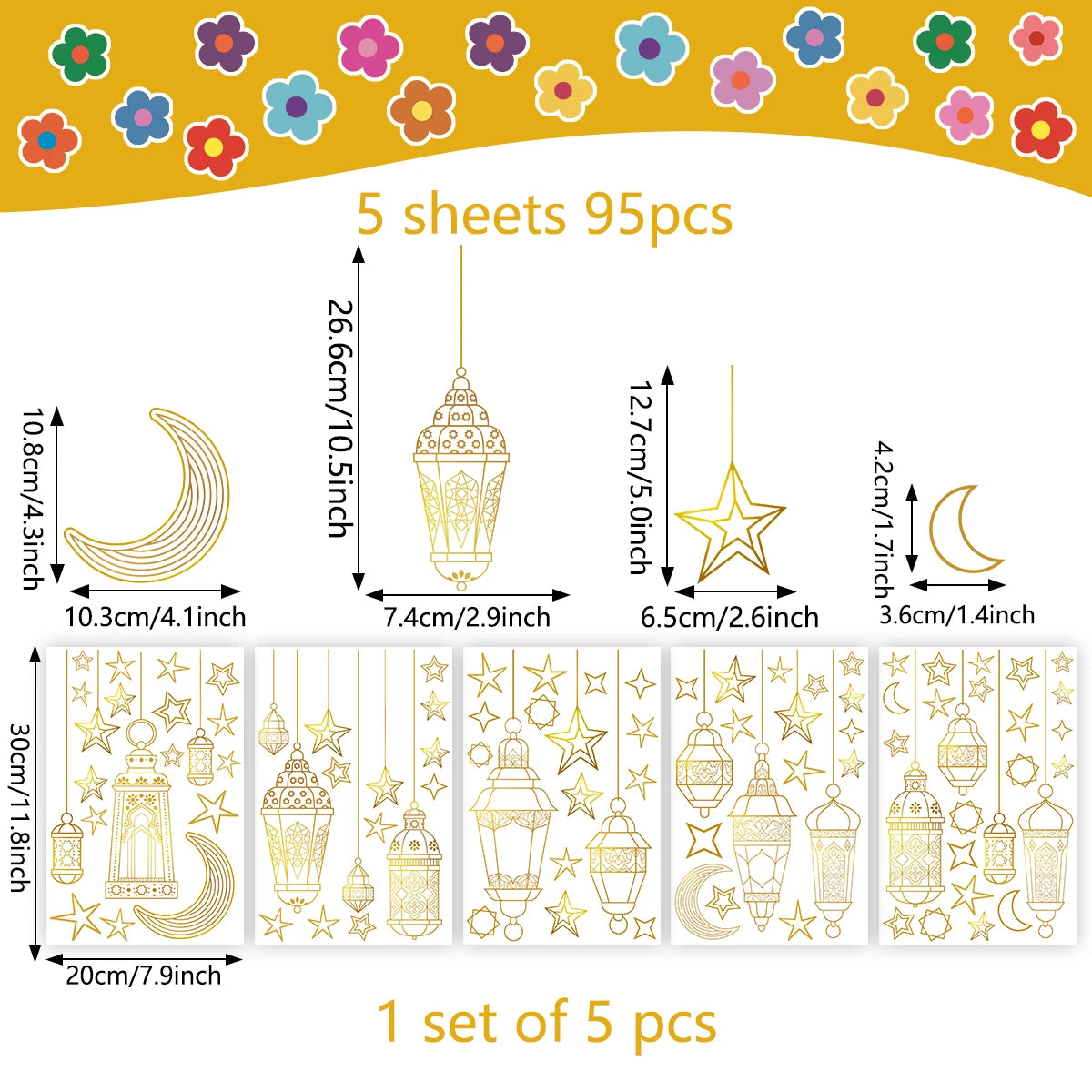 5pcs/set Star Moon Lamp Double-Sided Printed Glue-Free Wall Stickers Electrostatic Glass Film For Shop Window Decorations