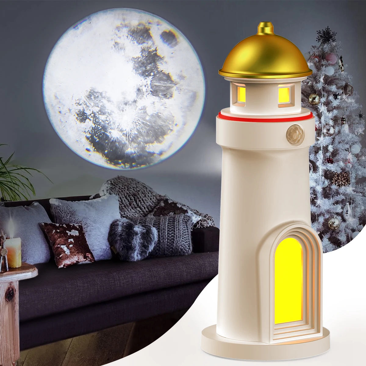 Moon Projector Lighthouse Lamp Portable Lighthouse Decor Rechargeable Moonlight Projector Night Light for Kids Bedroom Children