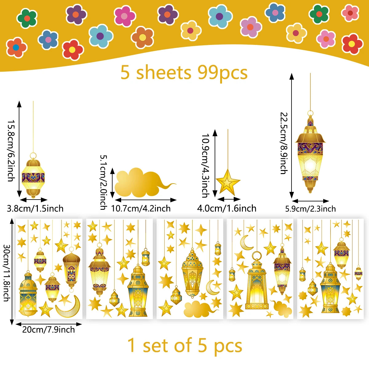 5pcs/set Star Moon Lamp Double-Sided Printed Glue-Free Wall Stickers Electrostatic Glass Film For Shop Window Decorations