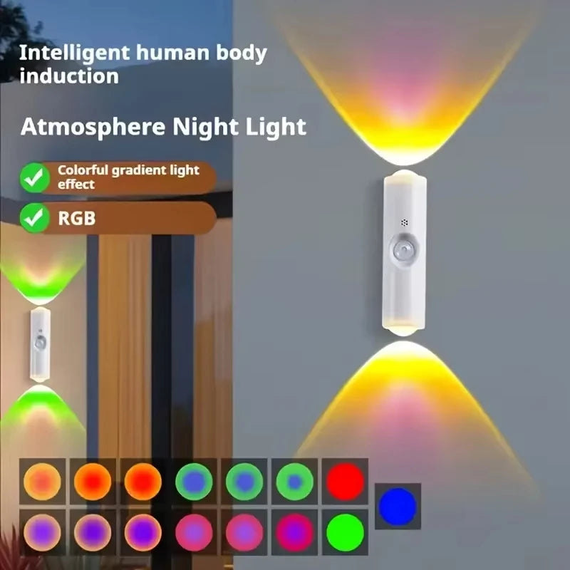 RGB LED Night Lights Double-head Sunset Light Motion Sensor Under Cabinet Lamp USB Charging Magnetic Bedroom Atmosphere Lighting