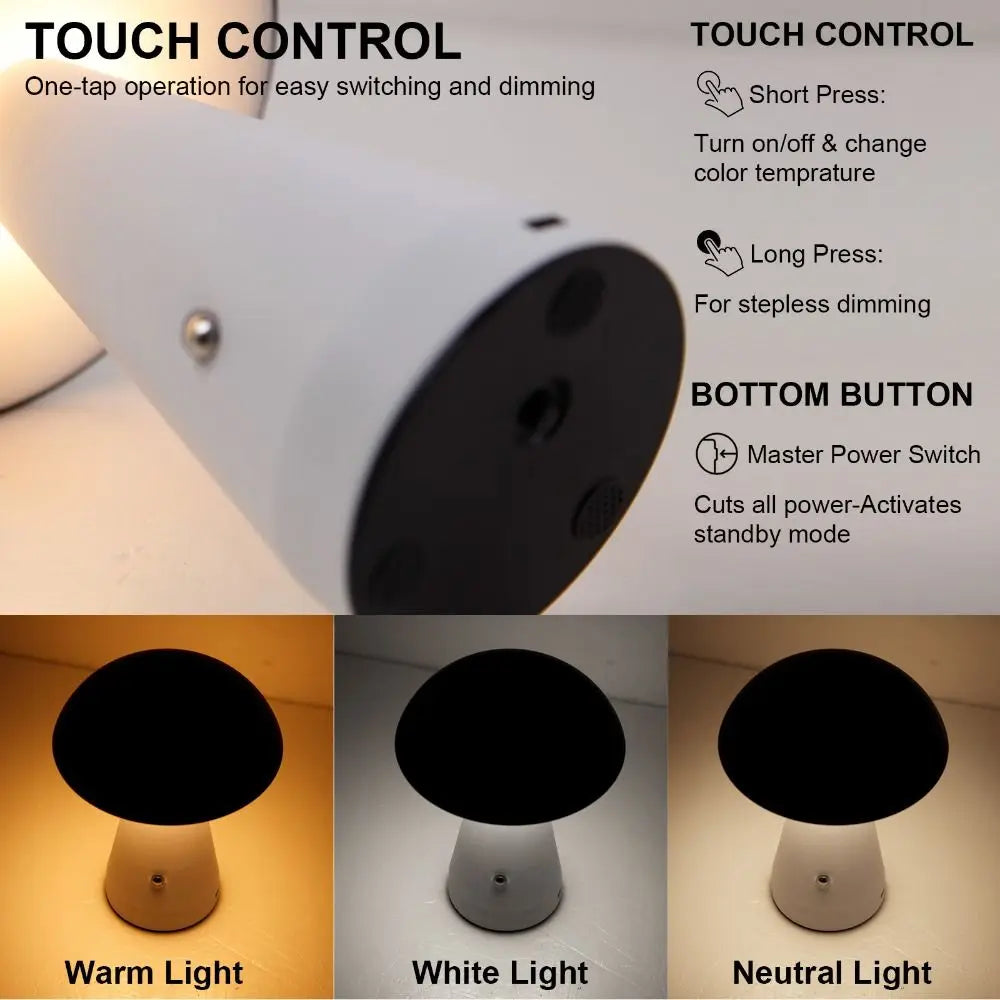 Touch-Activated Mushroom Lamp USB Rechargeable 3 Color LED Table Lamp Dimmable Extended Illumination Dimmable Light Office