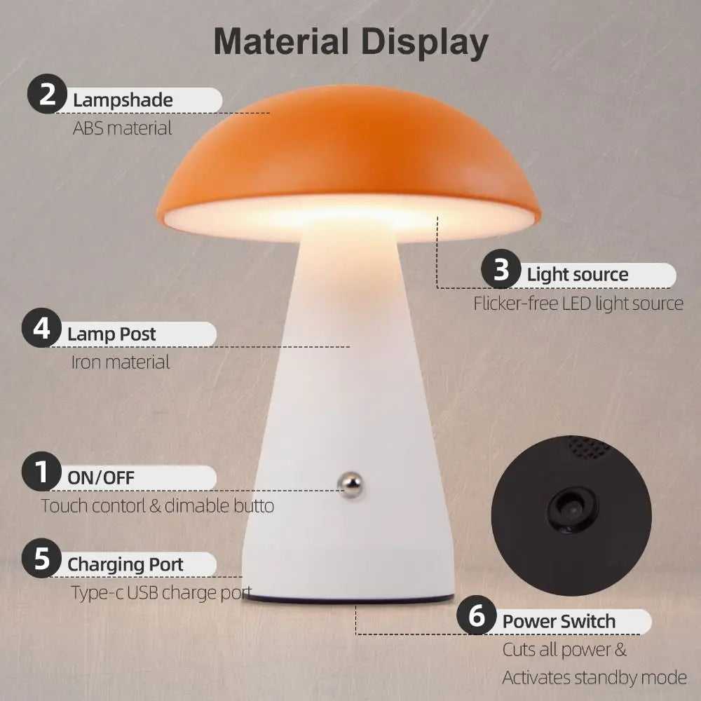 Touch-Activated Mushroom Lamp USB Rechargeable 3 Color LED Table Lamp Dimmable Extended Illumination Dimmable Light Office