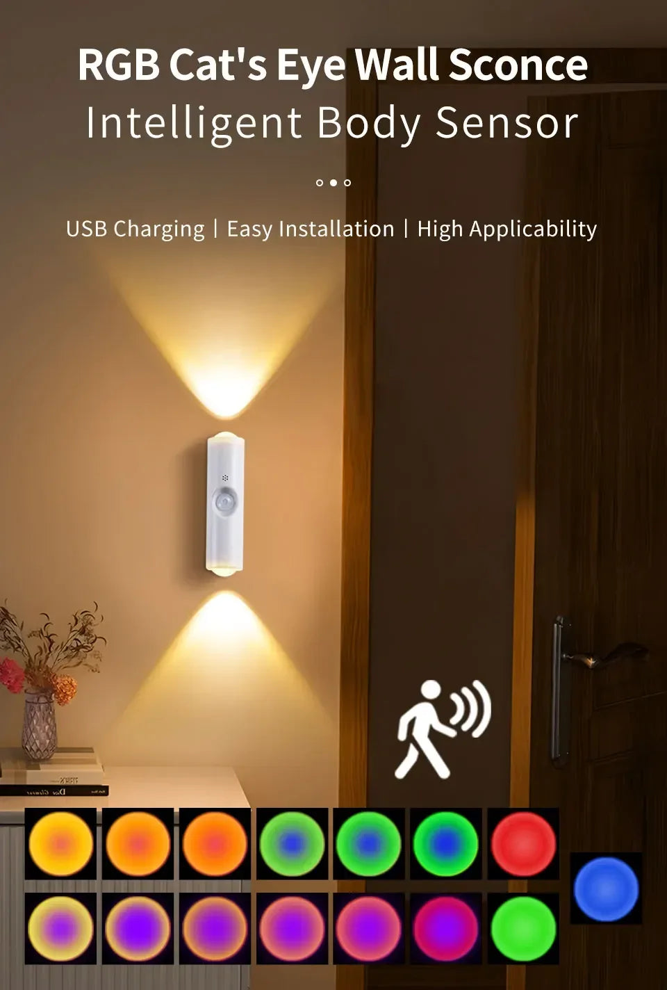 RGB Gradient Ambient Light Rechargeable LED Night Light Motion Sensor Wall Sunset Lamp Dimmable Magnetic Closet Bedroom Lamps