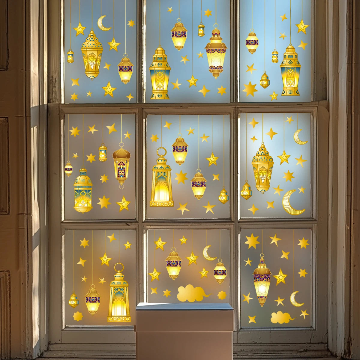 5pcs/set Star Moon Lamp Double-Sided Printed Glue-Free Wall Stickers Electrostatic Glass Film For Shop Window Decorations