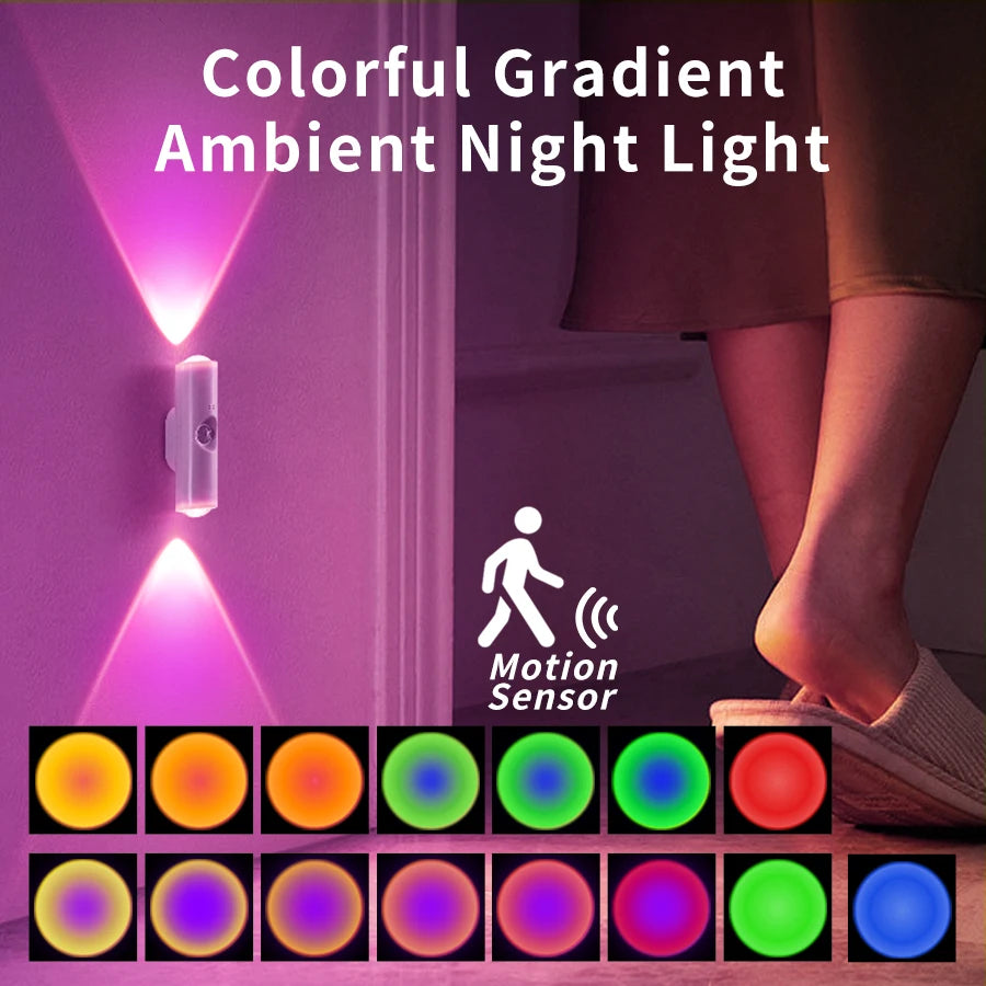 RGB Gradient Ambient Light Rechargeable LED Night Light Motion Sensor Wall Sunset Lamp Dimmable Magnetic Closet Bedroom Lamps