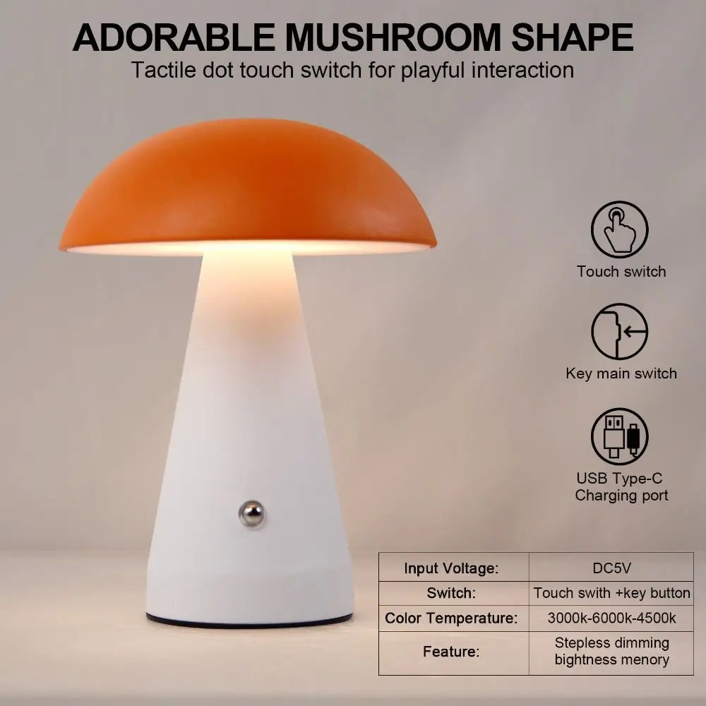 Touch-Activated Mushroom Lamp USB Rechargeable 3 Color LED Table Lamp Dimmable Extended Illumination Dimmable Light Office