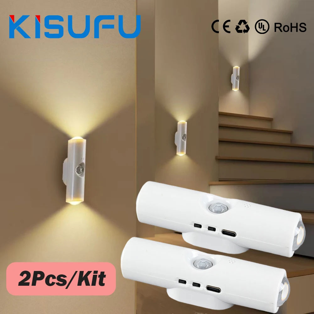LED Night Light with Motion Sensor RGB CCT USB Rechargeable Magnetic Double-head Sunset Lamp Stair Cabinet Hallway Room Decor