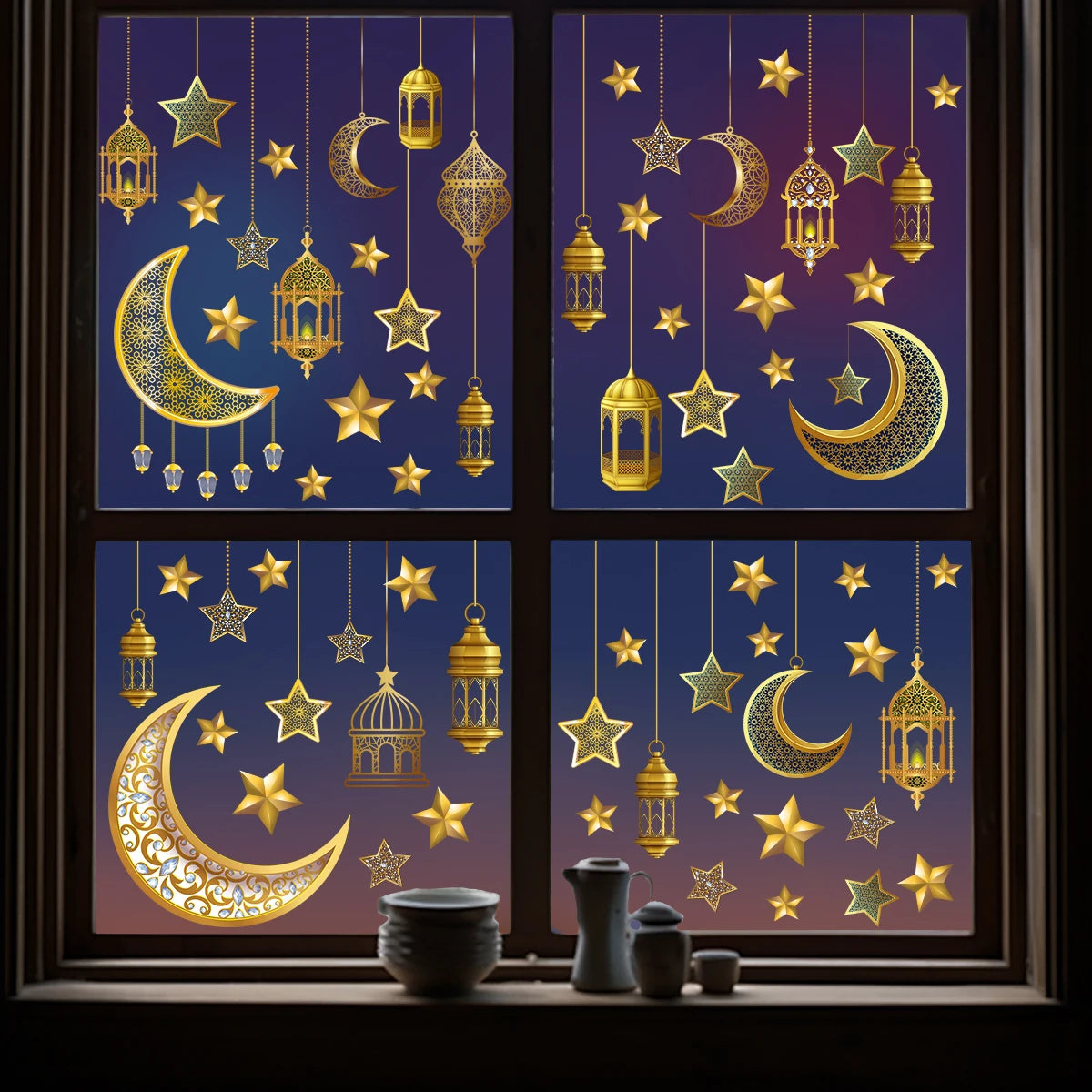 5pcs/set Star Moon Lamp Double-Sided Printed Glue-Free Wall Stickers Electrostatic Glass Film For Shop Window Decorations
