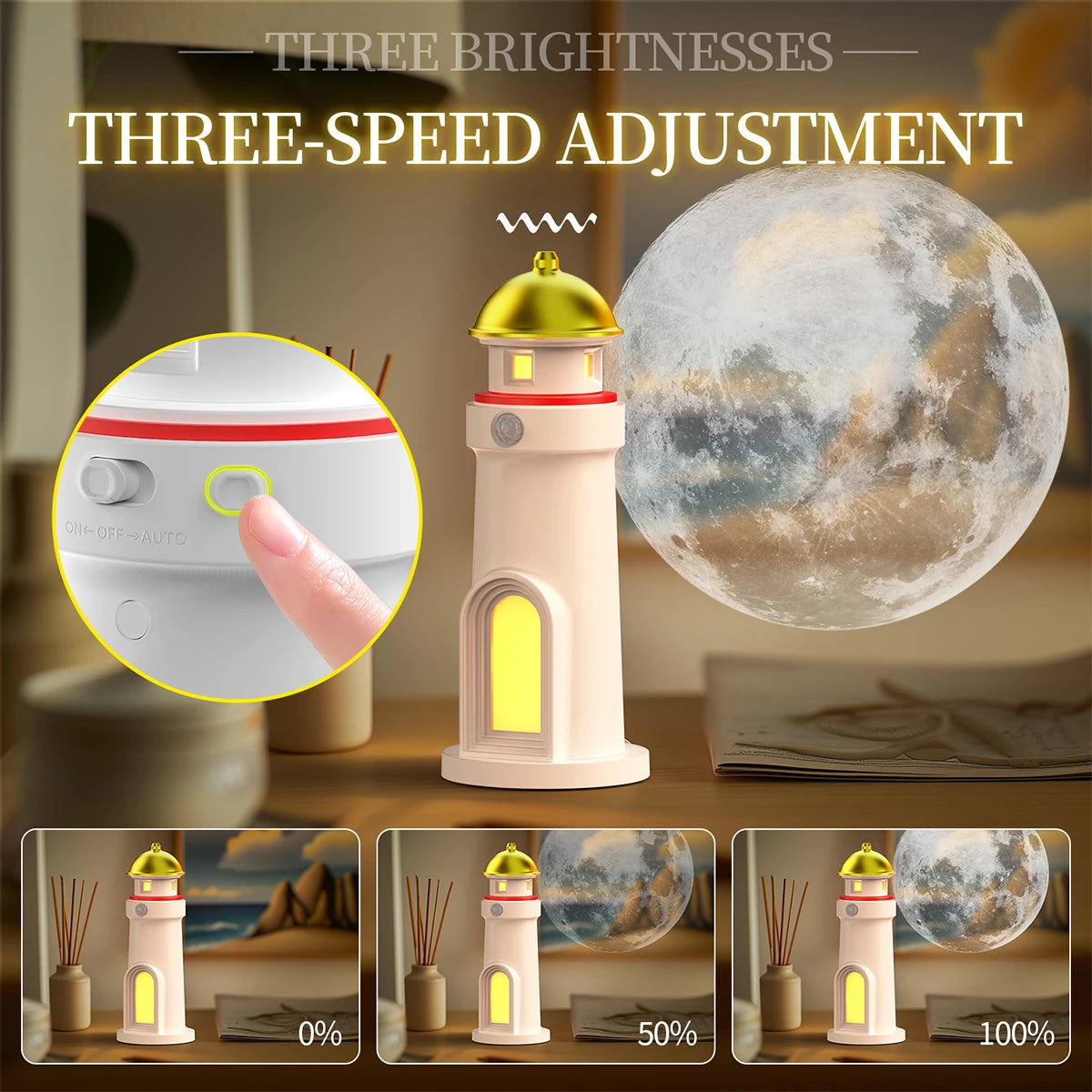 Moon Projector Lighthouse Lamp Portable Lighthouse Decor Rechargeable Moonlight Projector Night Light for Kids Bedroom Children