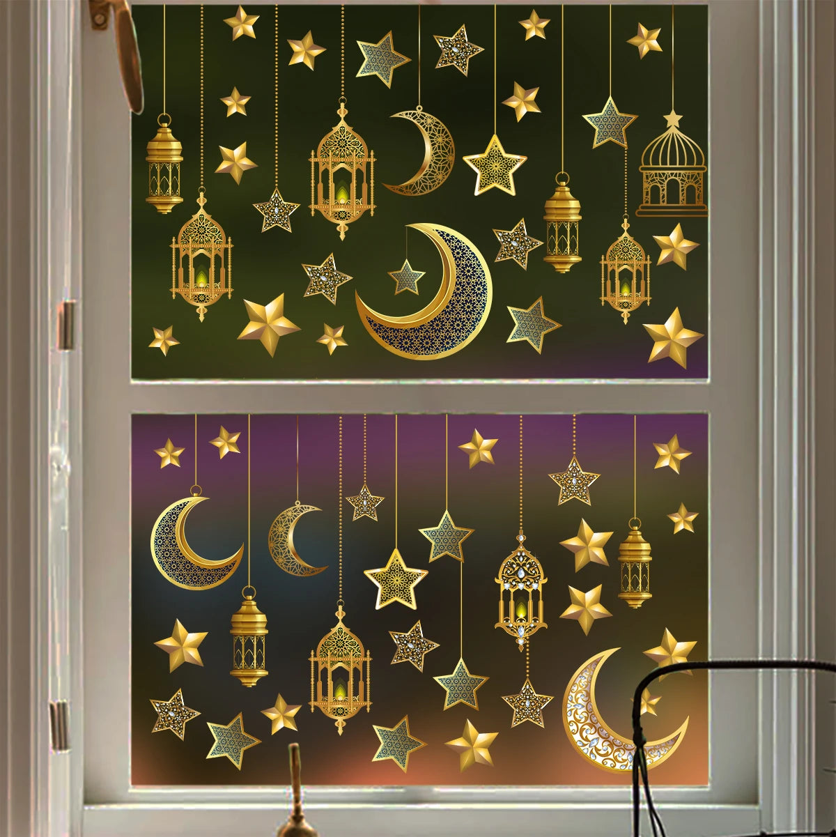 5pcs/set Star Moon Lamp Double-Sided Printed Glue-Free Wall Stickers Electrostatic Glass Film For Shop Window Decorations