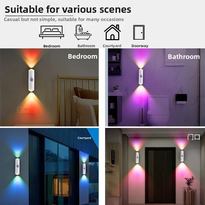 RGB LED Night Lights Double-head Sunset Light Motion Sensor Under Cabinet Lamp USB Charging Magnetic Bedroom Atmosphere Lighting