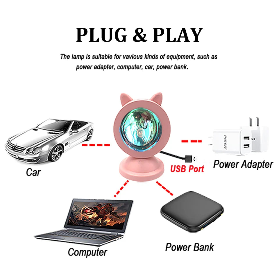 Mini Animal USB Sunset Lamp Led Projector Night Light Table Cat Style Atmosphere Home Bedroom Background Wall Decoration Gift